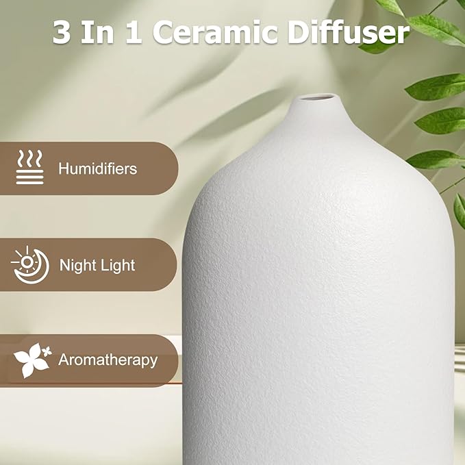 Ceramic Diffusers, Stone Essential Oil Diffuser, Ultrasonic Aromatherapy Diffusers for Home Auto Shut-Off, Wood Grain Base 250ML White