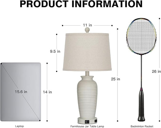 25" Vintage Farmhouse Jar Table Lamps, Single Rustic Bedside Lamp with USB A+C Ports & AC Outlet, Nightstand Lamps for Living Room, Bedroom, End Table, Cream(LED Bulb Included)