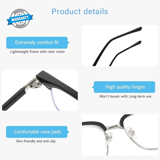 ANRRI Blue Light Glasses for men Metal Browline Frame UV 400 Protection Clear Lens Anti Eyestrain Computer Gaming Glasses