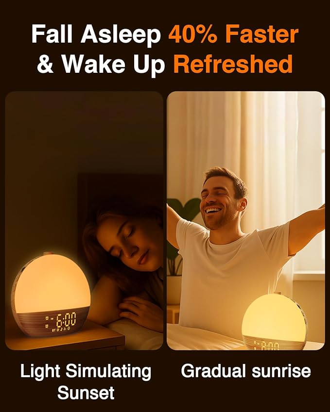 Sunrise Alarm Clock with Sound Machine - Wake Up Light, Wood Grain, Bluetooth, Dual Digital Alarm Clocks for Bedrooms, Adjustable Brightness, 30 Sleep Sounds, White Noise Machine for Baby & Adults