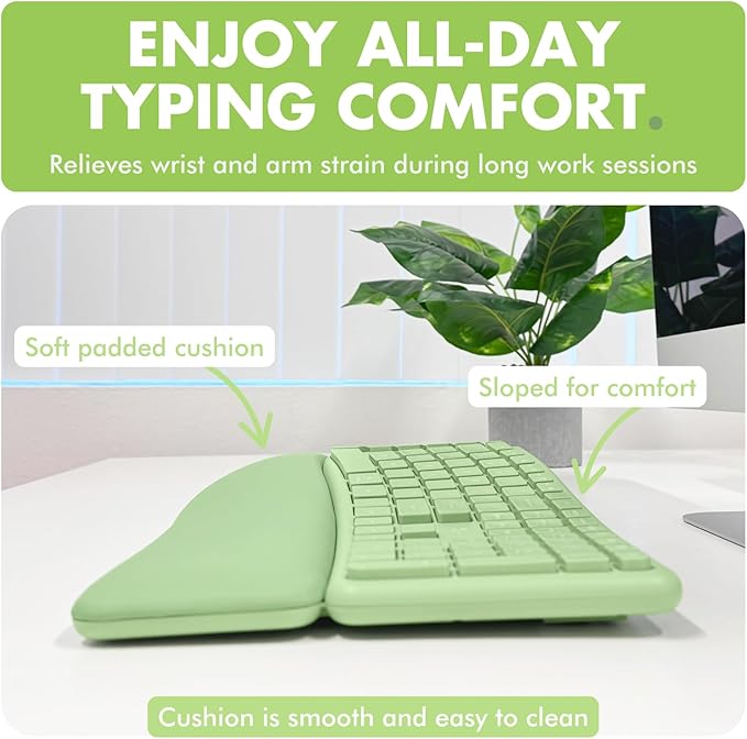X9 Green Ergonomic Keyboard Mouse Wireless Combo - Type Comfortably Longer - 2.4G/Bluetooth Split Keyboard, Multi-Device, Soft Wrist Rest, Rechargeable, Silent Ergo Keys - Laptop, PC, Mac,iOS,Android
