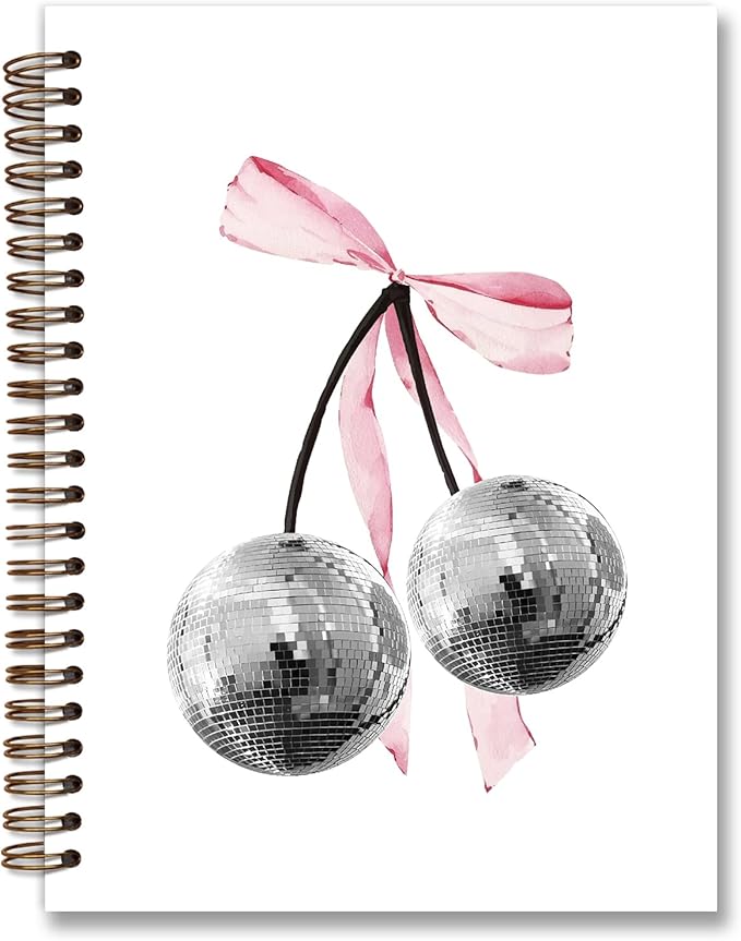 Coquette Trendy Retro Disco Ball Cherry Pink Notebook,Preppy Funky Cherry Disco Notebook Journal,Pink Girly Notebook,Preppy Gifts for Women,Pink Office Supplies,Spiral Notebook 5.5x8.3 Inch