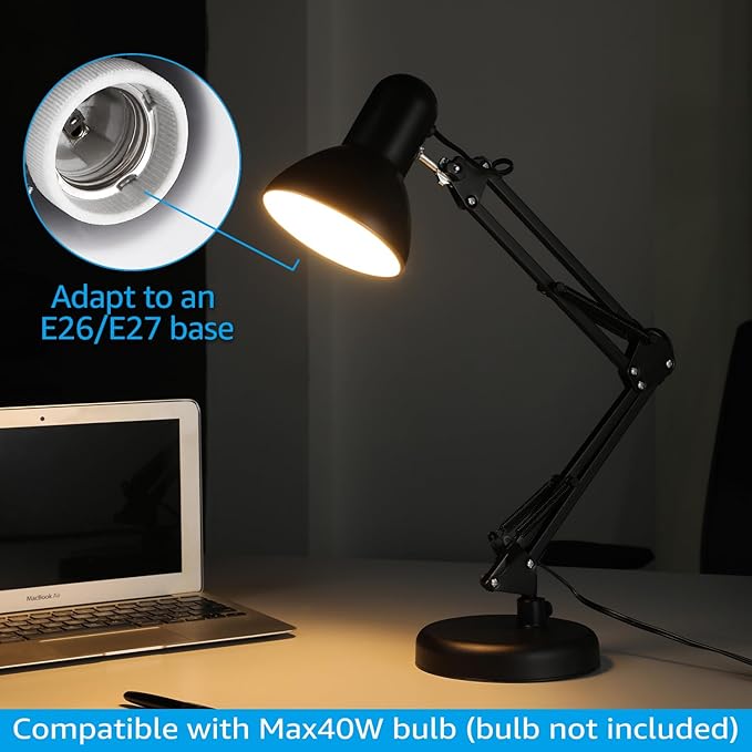 TORCHSTAR Metal Desk Lamp with Clamp, Swing Arm, Architect Adjustable Gooseneck Table Lamp, Clip Desk Lights for Home Office, Work, Study, Reading, E26 Base, Multi-Joint, Black