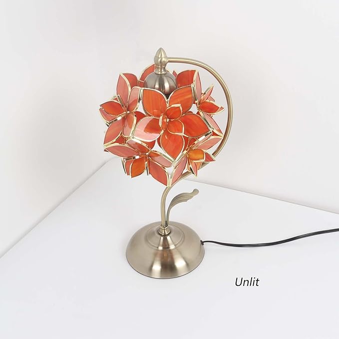 Bieye L10922 Tiffany Style Stained Glass Flower Petal Table Lamp with Brass Base for Home Décor (Orange, 8" Rose Lily)
