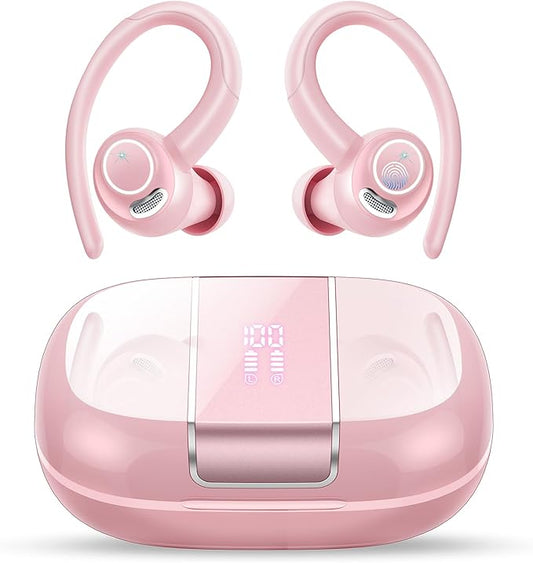 Wireless Earbuds Bluetooth 5.3 Headphones Sports, 48Hrs Playtime Bluetooth Earbuds with CVC 8.0 Mic, 2025 Stereo Bass Over Ear Bud with Earhooks, LED Display, IP7 Waterproof Earphon for Running Rose