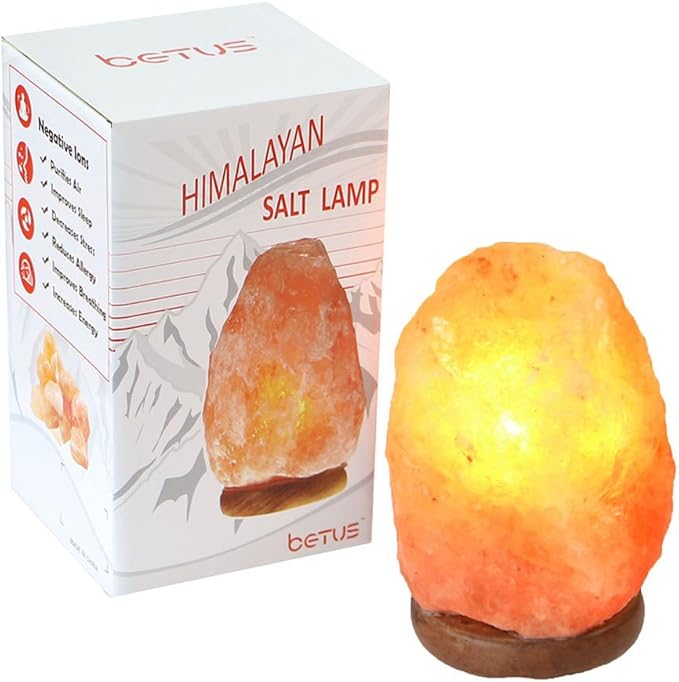 Betus [Natural Crystal Himalaya Salt Lamp Hand Carved on Wood Base with Dimmable Cord and Light Bulb - 6 to 7 Inches Height, 3 to 5 Pounds