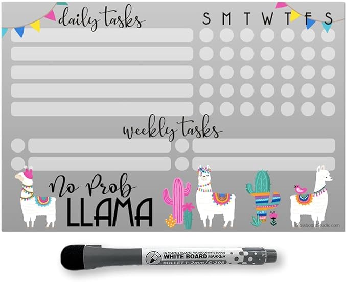 Dry Erase Whiteboard Task Planner | Removeable and Restickable Adhesive Decal | Fine-Tip Magnetic Marker Included (6 x 9 inches, Llama)