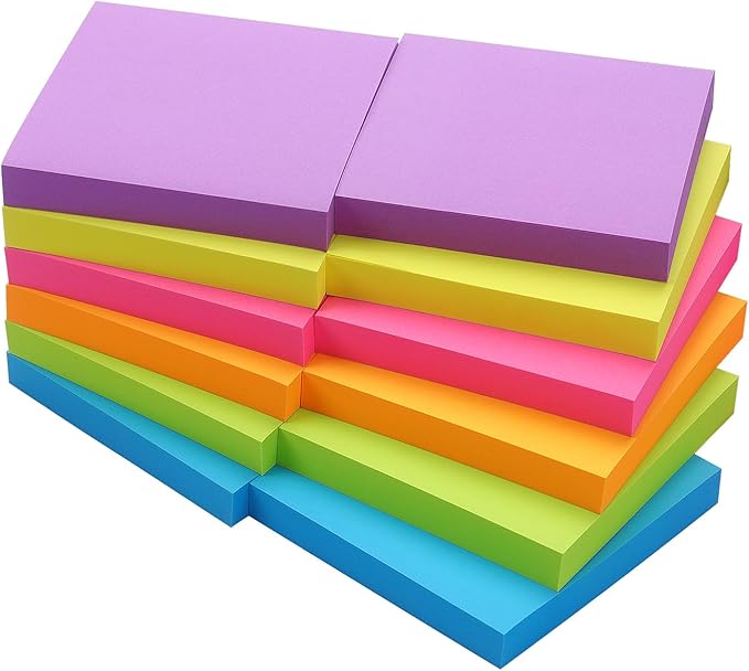 Sticky Notes 3x3 inch, Bright Colors Self-Stick Pads, 12 Pads/Pack, 100 Sheets/Pad, Total 1200 Sheets