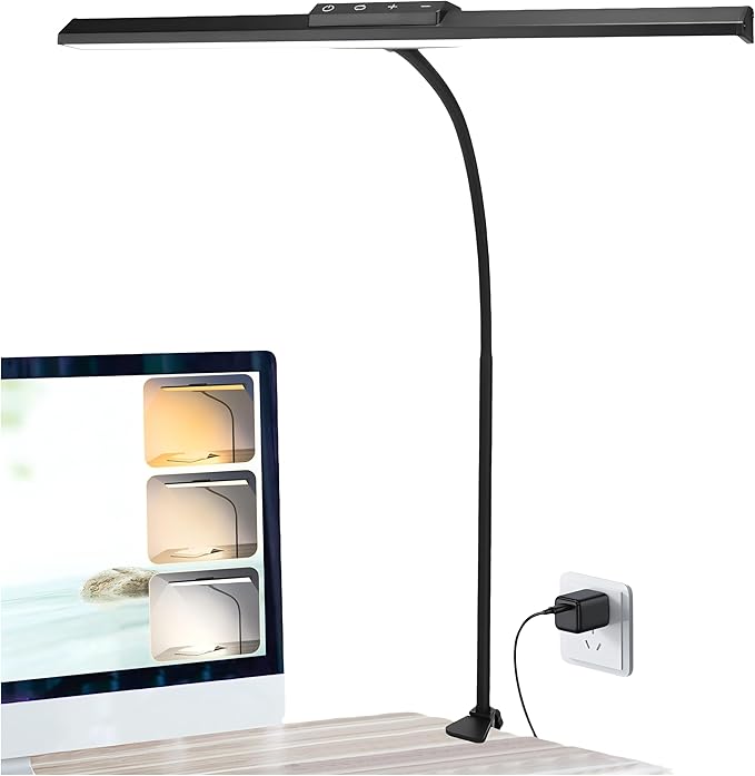 litren Desk Lamps for Home Office Desk Light with Clamp Eye-Caring 3 Colors 10 Brightness Dimmable Swing Arm Clip on Office Desk Lighting for Studying Working Painting Reading Sewing Crafting-Black