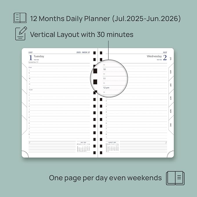 POPRUN Daily Planner 2025-2026 One Page per Day (6'' x 8.5'') with Spiral Bound Leather Soft Cover, Academic Year Appointment Book (Jul.2025 - Jun.2026) with Hourly Slots, Inner Pocket- Forest Green
