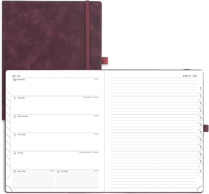 POPRUN Planner 2025-2026 Weekly Notebook (Large 8.5''x 10.5'') Academic Calendar (JUL.25 - JUN.26) Appointment Book with Monthly Tabs, Leather Soft Cover, Inner Pocket, 100 GSM - Claret