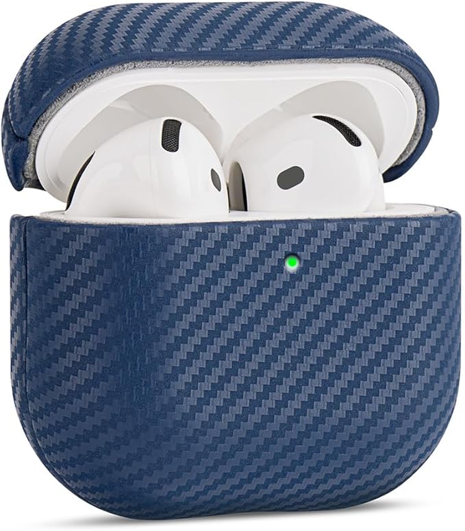 Leather Case - for AirPods 4 with Active Noise Cancellation/AirPods 4 Case Cover - Selected Skin-Friendly Leather, with Carbon Fibre Texture, Handmade Drop Protective Hard Cover - Blue