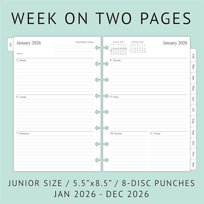 2026 Weekly & Monthly Planner Refill for 8-Discbound Planners, Two Pages Per Week, Junior Size, 5-1/2"x8-1/2"