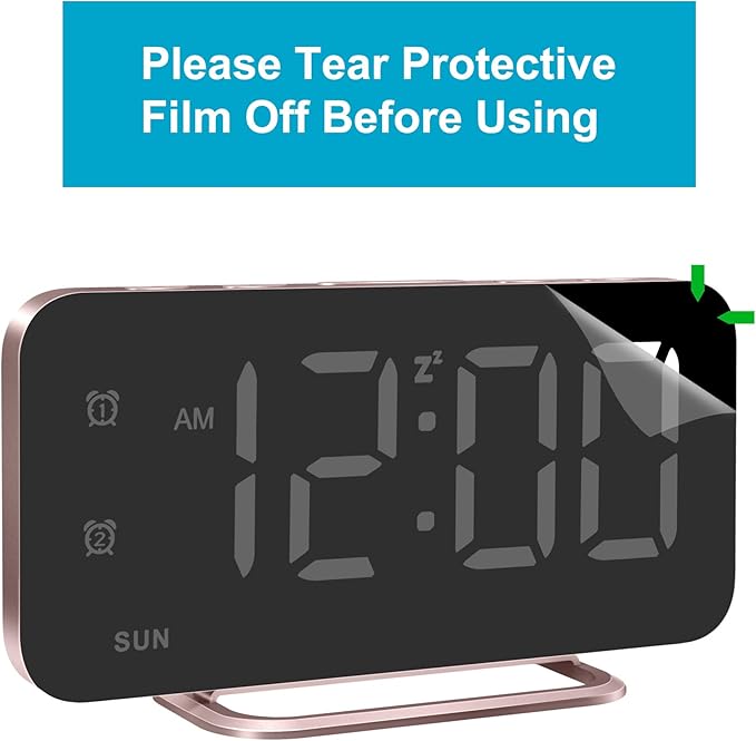 Slim LED Digital Alarm Clock, Mirror Surface for Makeup, with Diming, Large Display, Easy Setting, USB Ports, Modern Decor for Bedroom, Desk, Christmas, Birthday Idea Gift for Women, Sister, Mom, Pink