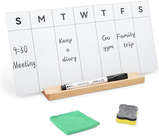 Desktop Glass Weekly Whiteboard with Detachable Wood Stand Weekly Dry Erase Board Weekly Calendar Whiteboard Weekly Planner to Do List White Board Desk Planner 11.8x5.86" for Office, Home, School