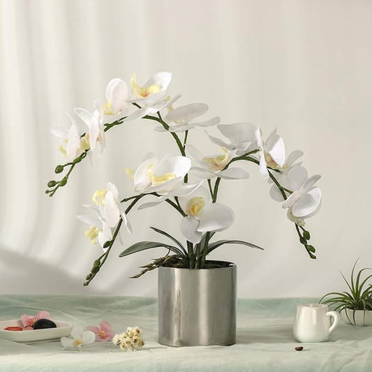 LESING Potted Artificial Orchid Flowers,Real Touch White Fake Artificial Orchid Flower in Silver Vase Arrangement for Table Living Room Decoration (White,Silver Vase)