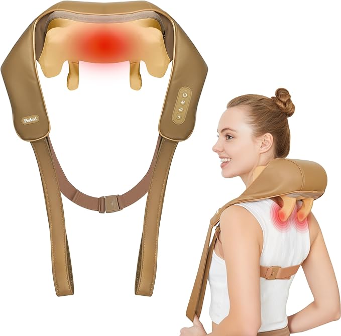 Neck Massager for Pain Relief Deep Tissue with Heat -Cordless Shiatsu 6D Kneading Massage for Neck,Shoulder,Gifts for Mom/Dad（PU-Yellow Brown）