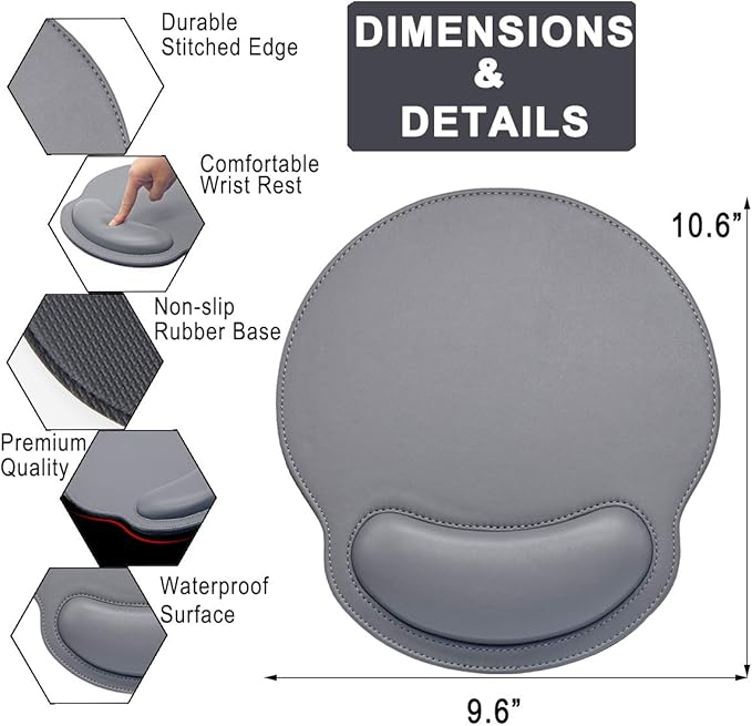 Mouse Pad Leather Wrist Rest Support, Ergonomic Memory Foam Mouse Wrist Rest Pad with Non Slip Rubber Base, Durable, Comfortable Mousepad for Computer Pain Relief at Home, Office, Work Travel, Grey