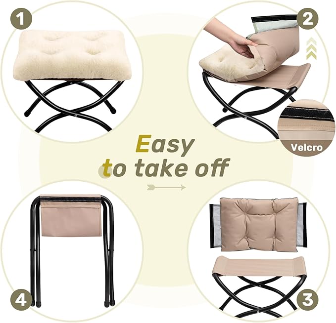 HollyHOME 15"(H) Folding Footrest Stool, Upholstered Small Foldable Ottoman, Accent Padded Sofa Foot Stool for Lazy Chair, Metal Frame Portable Foot Rest Ottoman for Home, Living Room, Bedroom, Beige