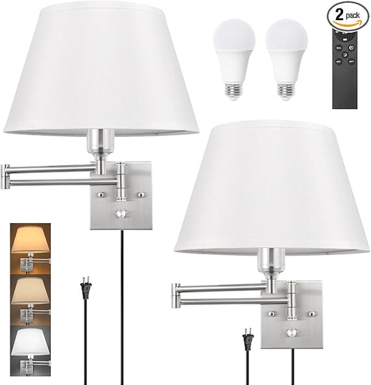 TRLIFE Dimmable Wall Sconce with Remote Control, Adjustable Color Temperature 2700K-6500K and Dimming 10-100% Swing Arm Wall Lights with Plug in Cord, 11.8" Large White Fabric Shade(2 Pack, 2 Bulbs)