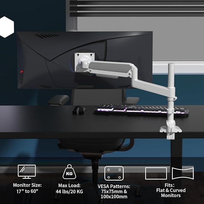 Monitor Arm for 17 to 60 inch, Hold 44 lbs, Fully Adjustable Heavy Duty Desk Mount, Monitor Stand Fit 57 55 49", Ultrawide Monitors Bracket Clamp/Grommet Base VESA 75x75/100x100 (White)