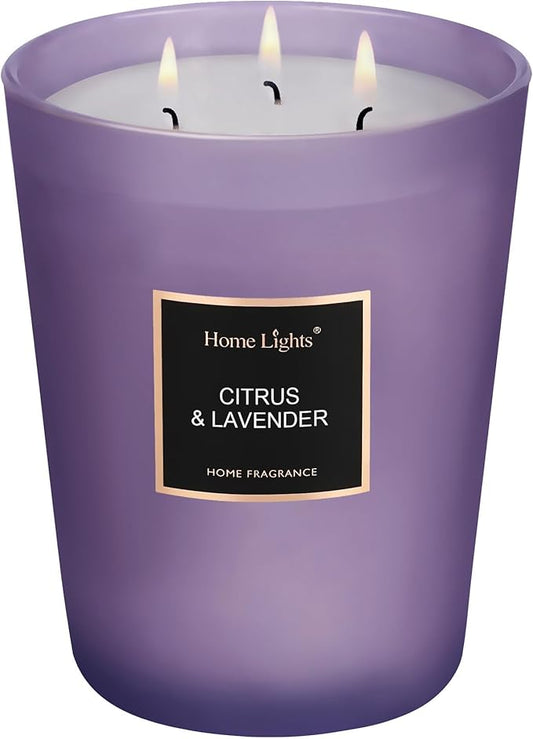 HomeLights Scented Candles - Large Jar Aromatherapy, Natural Soy Wax, 130 Hour Long Burning, Citrus & Lavender