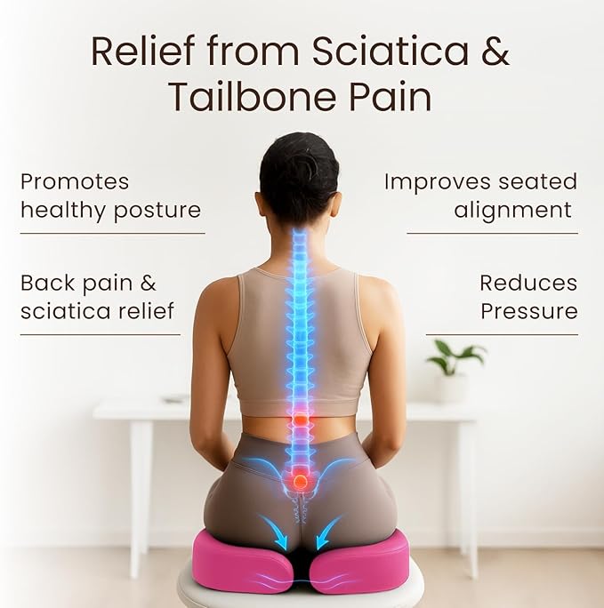 Sleepavo Pink Memory Foam Seat Cushion for Office Chair - Pillow for Sciatica, Coccyx, Back, Tailbone & Lower Back Pain Relief - Orthopedic Chair Pad for Lumbar Support in Office Desk, Car, Airplane