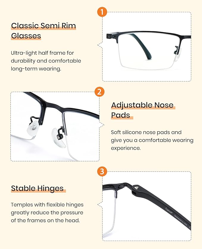 Cyxus Blue Light Glasses for Men Semi Rim Glasses Crystal Lens Rimless UV Blocking Gaming Eyeglasses Black 8003