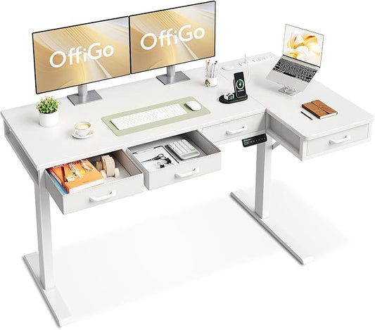OffiGo 63 Inch L Shaped Electric Standing Desk with Drawers, Height Adjustable Large Desk with Power Outlets, Sit Stand Table, Writing Computer Desk for Home, Office, Workstation,White