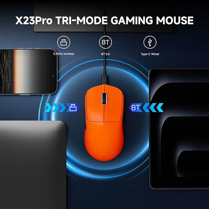 X23Pro Wireless Gaming Mouse, 2.4G/BT5.0/USB-C Esports Gaming Mouse, 800mAh Rechargeable Lightweight Mouse Gaming, 12000 DPI Wireless Mouse with 6 Programmable Buttons,For Laptop/PC/Mac, Orange