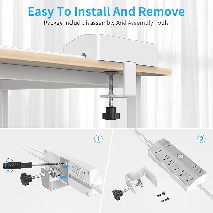 Clamp Power Strip Tall, 40W Fast Charging Station,Desk Mount Desk Shelf with 6 Outlets 6USB Ports (2USB C), 10Ft Extension Cord Home Office Essentials, Fit 2.48" Tabletop Edge