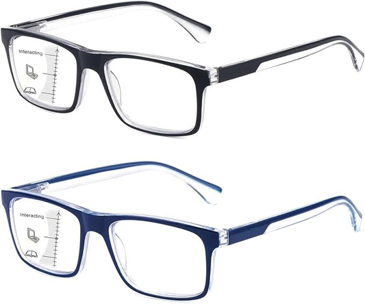 Missfive 2-Pack Mens Light Multifocus Progressive Reading Glasses Blue Light Blocking, Multifocal Spring Hinge No-Line Quality Trifocal Readers Comfort Eyeglasses (Workspace For Near Range, 2.0x)