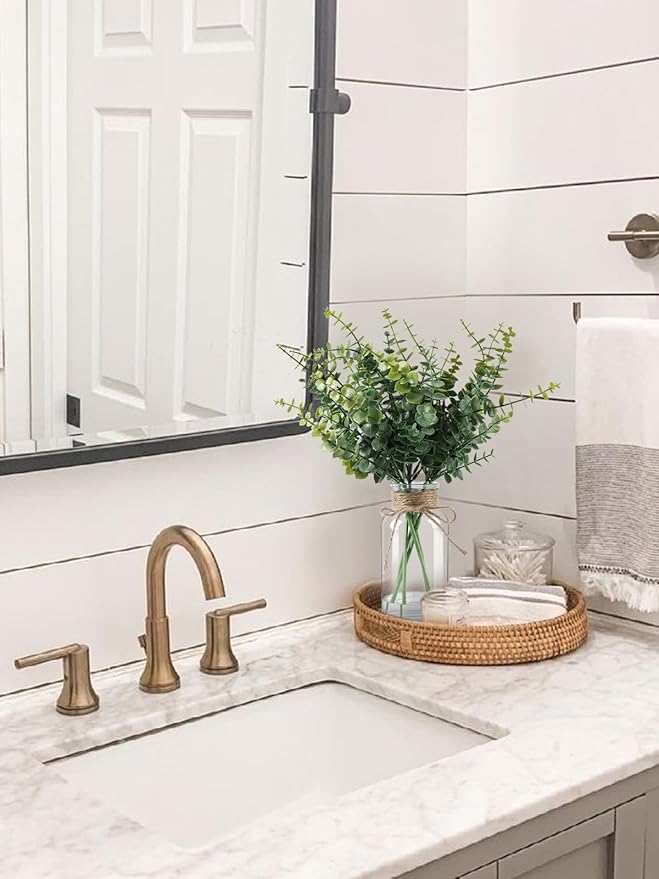 Fake Plants Eucalyptus Stems in Glass Vase with Faux Water, Artificial Plants Eucalyptus Leaves for Shelf Desk Bathroom Farmhouse Coffee Table Home Decor