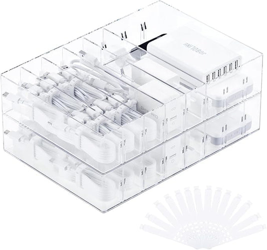 2Pcs Cable Charger Organizer Box, Large Cords Storage Organizer with Adjustable Compartments and Wire Ties, Stackable Cord Organizer for Drawer - Clear