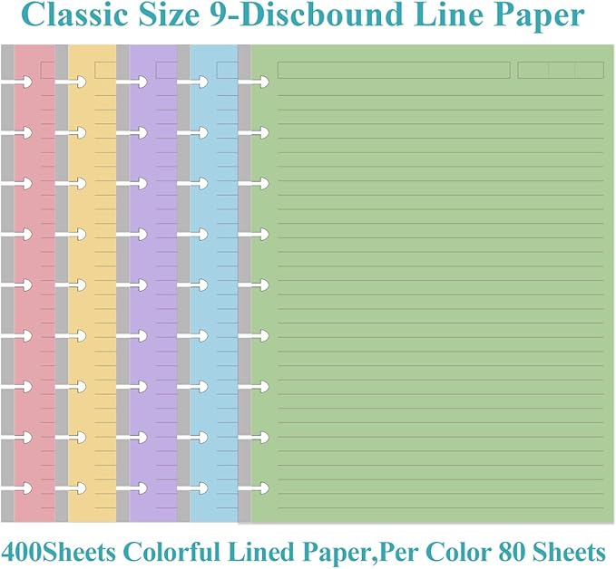 (4-Pack) 9-Disc Discbound 5 Colorful Line Paper Pre-punched Happy Planners Inserts, 400Sheets/800Pages Classic Size Line Loose-Leaf Paper, Per Color 80 Sheets, 7" x 9.25"