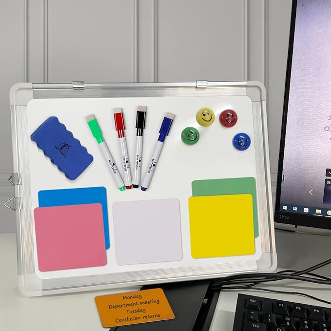 Whiteboard Set - White Board 15 x 12 in with 1 Dry Erase Eraser, 4 Dry Wipe Markers, 4 Magnets and 6 Magnetic Labels - Small Wall Hanging Reminder Magnetic Board for Home, Office, Cubicle and Desk