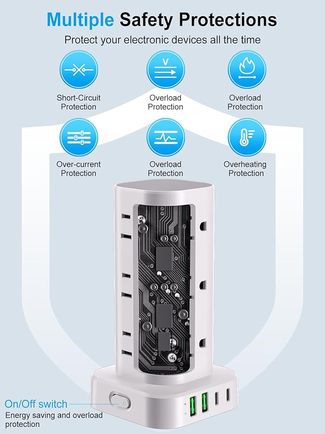 Power Strip with Wireless Charger, Flat Plug Surge Protector with 10FT Extension Cord, 12 AC Multiple Outlets, 4 USB (2 USB C), 15W Wireless Charging Power Tower for Home Office Dorm, White