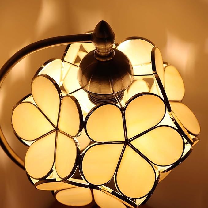 Bieye L10754 Tiffany Style Stained Glass Flower Petal Table Lamp with Brass Base for Home Décor (Cream, 8" Cherry Blossom)