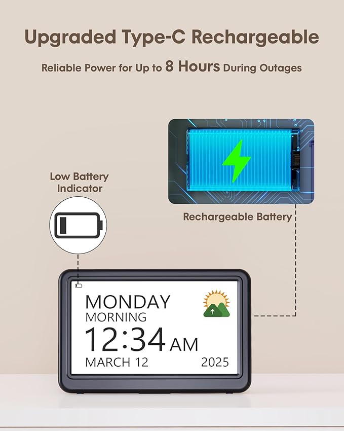 Clock with Day and Date for Elderly Battery Operated, Rechargeable Digital Calendar Clock with 12 Display Modes, 20 Alarms and Medicine Reminders, Dementia Clock for Seniors Memory Loss Alzheimer's