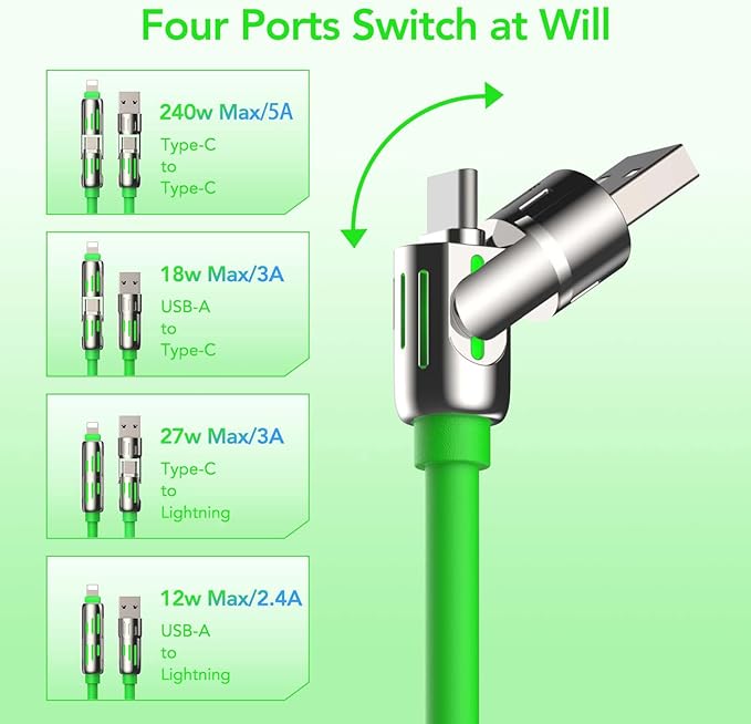 MFish 4-in-1 Universal USB Charging Cable with Carrying Case – 240W Max Fast Charger Cord, USB-A, Dual USB-C & Lighting, for iPhone 14/15/16/17 Series, iPad & MacBook and More (Green, 6.6Ft)