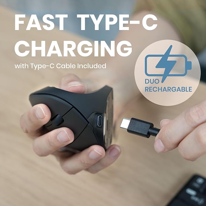 Perixx PERIMICE-713R Wireless Rechargeable Vertical Mouse - Duo Wired and Wireless Charging Feature - 6 Buttons Design - Black - Right-Handed Design