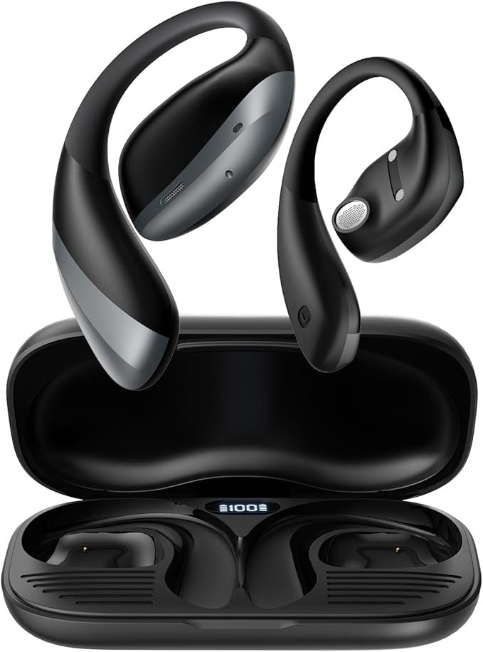 Open Ear Headphones, Bluetooth 5.4 Bone Conduction Headphones True Wireless Earbuds with Mic Clear Calls, 56H Playtime Lightweight Bone Earbuds with IPX6 Waterproof, Comfort Fit for Fitness, Black