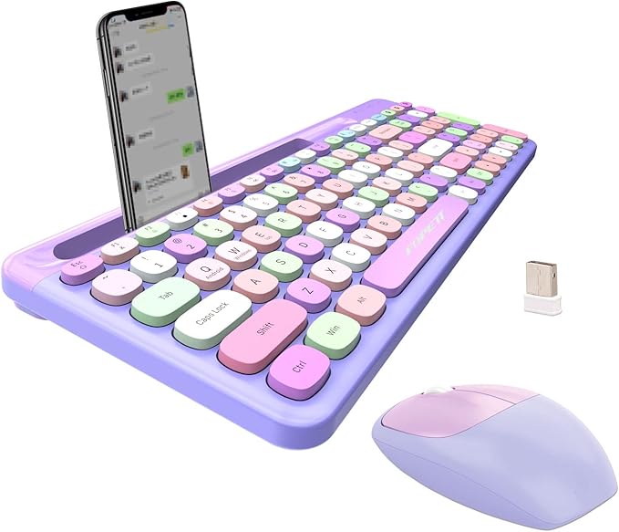 FOPETT Wireless Keyboard and Mouse Combo, 100 Keys Full-Sized 2.4 GHz Round Keycap Colorful Keyboards, USB Receiver Plug and Play, for Windows, Mac, PC, Laptop, Desktop (Purplecolorful)