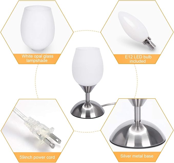 Small Touch Lamp for Bedroom Nightstand, 3-Way Dimmable Bedside Lamps Opal Glass Desk Lamp Silver Base, Tiny Table Lamp for Small Spaces Ambient Lighting for Living Room, E12 Bulb Included