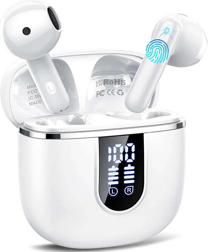 Wireless Earbuds, Bluetooth 5.4 Headphones with 3D Bass Stereo, 40H Ultralight in-Ear Buds, Bluetooth Earbuds with 4 ENC Noise Cancelling Mic, USB-C, IP7 Waterproof Earphones for Android iOS, Milky