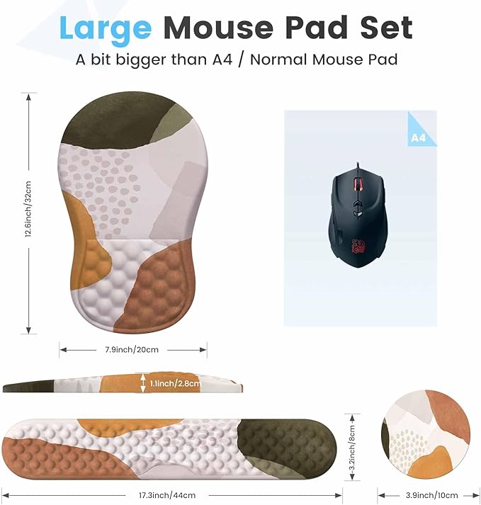 HAOCOO Ergonomic Mouse Pad with Wrist Rest and Keyboard Wrist Rest, 3 PCS Computer Carpal Tunnel Mouse Pads for Desk with Coaster Set, Memory Foam Keyboard Wrist Support for Laptop Office, Boho Beige