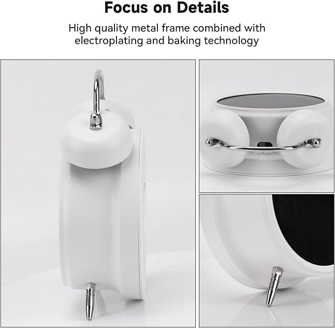 JUSTUP Digital Small Alarm Clock, 4.5 Inch Double Bell Electronic LED Alarm Clock, Plug in or Battery Operated Silent Metal Table Clock, Bedside Loud Bell Clock for Heavy Sleepers Adults Kids (White)