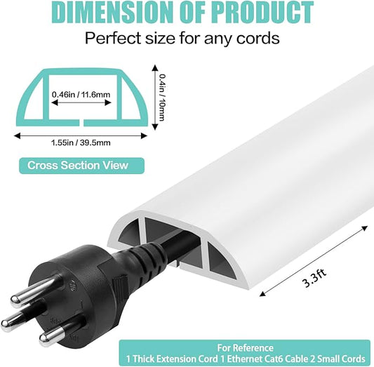 Floor Cord Cover Self Adhesive Cord Hider,3.3FT Cable Management, Extension Strip Protector for Wires, Prevent Cable Trips for Offices, Gyms, Exhibitions Cavity:0.51"(W) x 0.3"(H) White