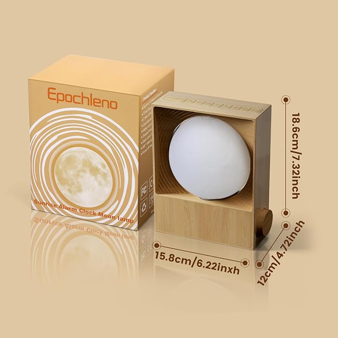 Sunrise Alarm Clock, 360-Degree Rotating Moon Lamp & 10 White Noise Sounds, Dual Alarm & Snooze for Heavy Sleeper, Timer, Wooden Bedroom Light Gift - Wood