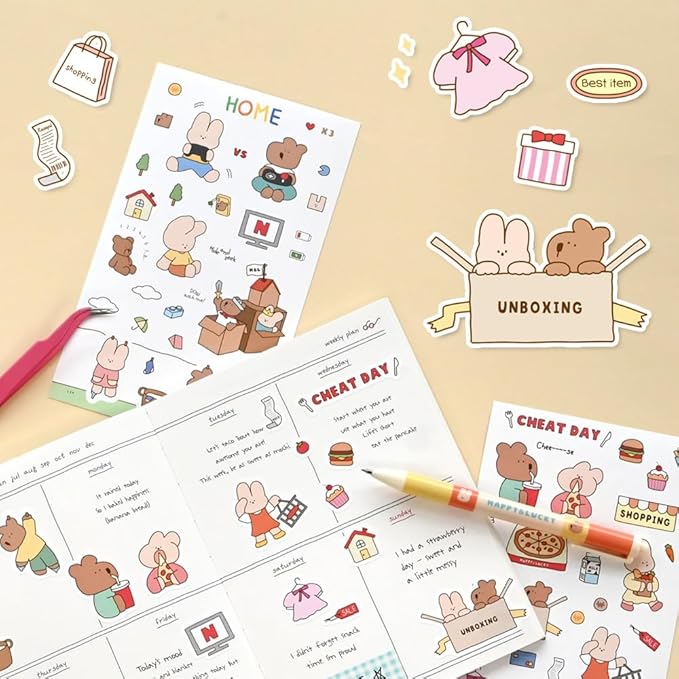 Monolike Happy & Lucky Littles Theme Sticker 6P Set - Aesthetic Removable Stickers for Journaling, Scrapbooking, Multicolor, Size: 4.33 x 5.51 inches